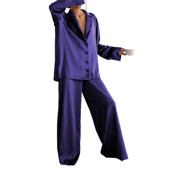 Women's Notched Collar Long Sleeve Top & Wide Leg Pants Loungewear Set L