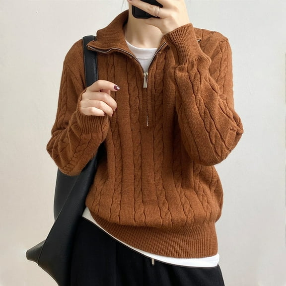 Women's Notched Collar Zip Front Knit Sweater Pullover Long Sleeve Casual Loose Fit Solid Color Top for Autumn Winter Comfortable Wear