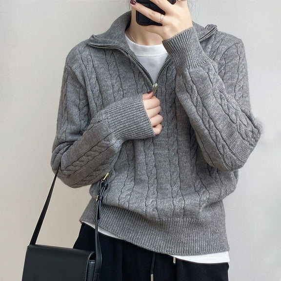 Women's Notched Collar Zip Front Knit Sweater Pullover Long Sleeve Casual Loose Fit Solid Color Top for Autumn Winter Comfortable Wear