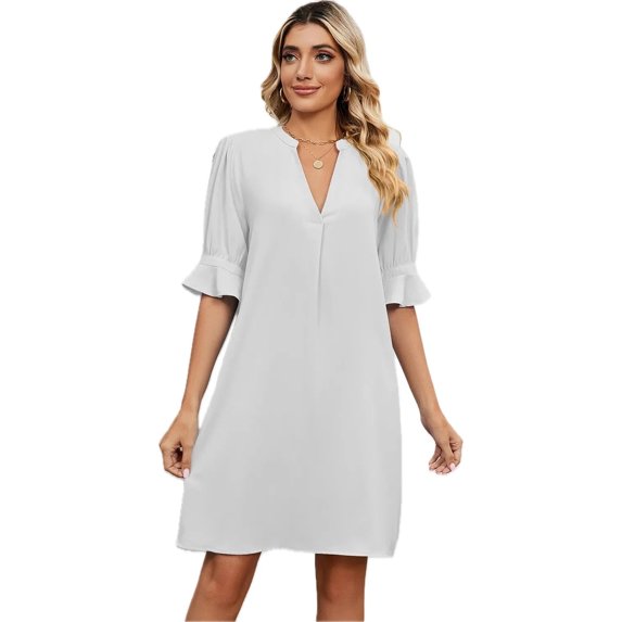 Women's Notched Flounce Sleeve Mini Dress 100% Polyester Lightweight Sheer Overlay Elegant Evening Party Dress
