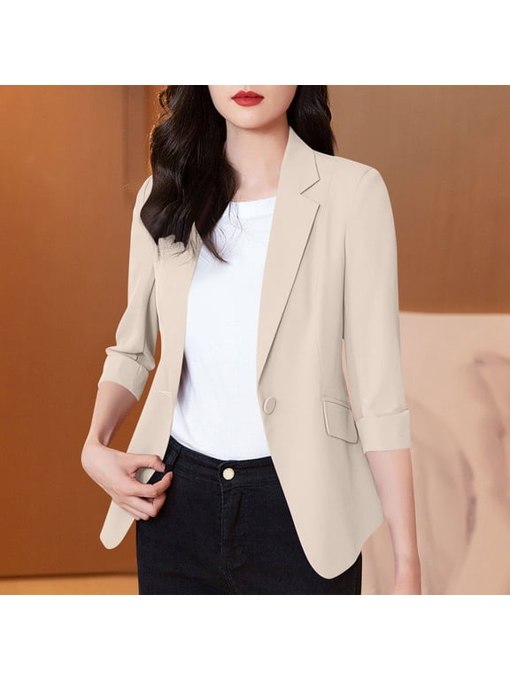 Women's Notched Lapel Blazer with Rolled Sleeve - Lightweight Woven Suiting 3/4 Sleeve Jacket Coat for Office or Casual Outings, Relaxed Fit with Curved Hem
