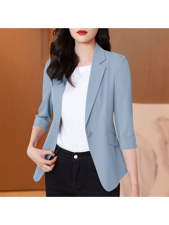 Women's Notched Lapel Blazer with Rolled Sleeve - Lightweight Woven Suiting 3/4 Sleeve Jacket Coat for Office or Casual Outings, Relaxed Fit with Curved Hem