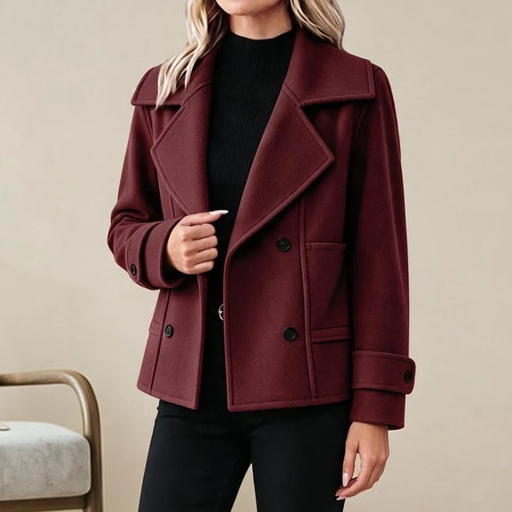 Women's Notched Lapel Cropped Coat Double Breasted Long Sleeve Casual Outerwear With Pockets Fall Winter Jackets for Women
