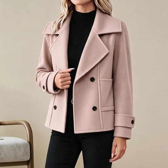 Women's Notched Lapel Cropped Coat Double Breasted Long Sleeve Casual Outerwear With Pockets Fall Winter Jackets for Women
