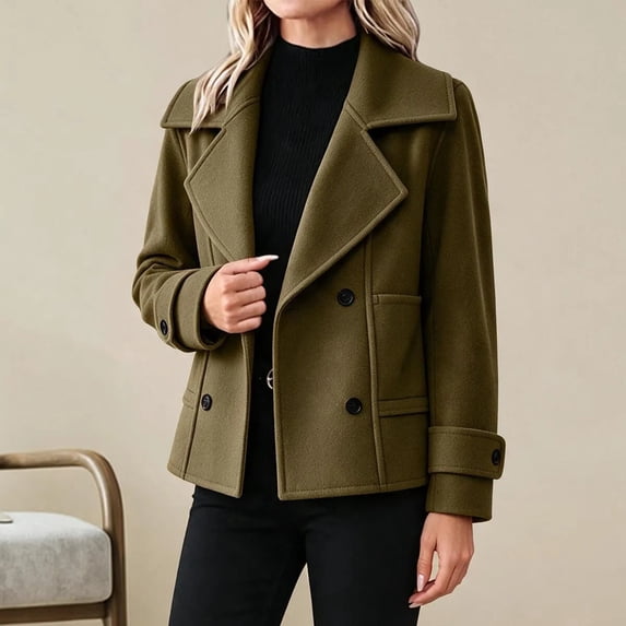 Women's Notched Lapel Cropped Coat Double Breasted Long Sleeve Casual Outerwear With Pockets Fall Winter Jackets for Women