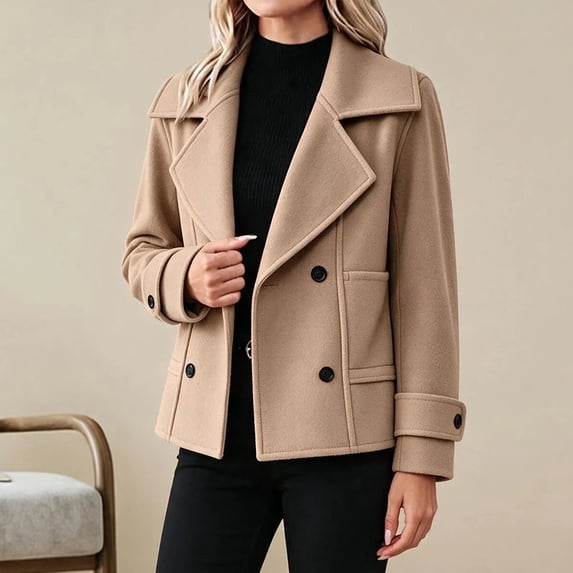 Women's Notched Lapel Cropped Coat Double Breasted Long Sleeve Casual Outerwear With Pockets Fall Winter Jackets for Women