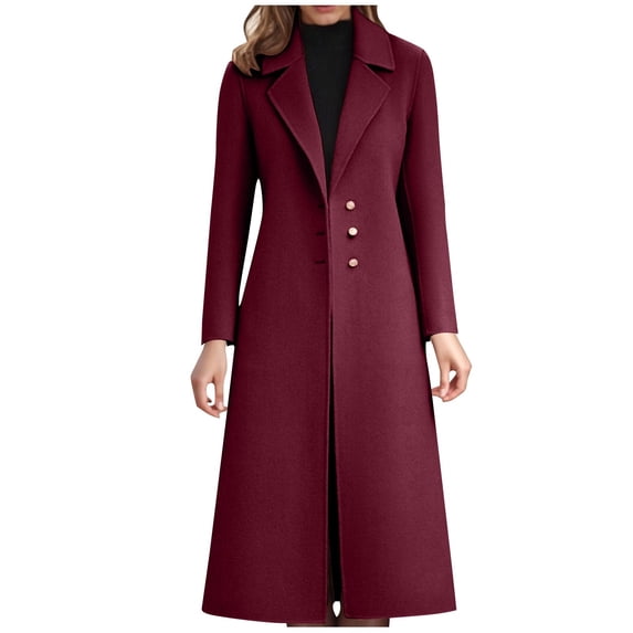 Women's Notched Lapel Long Wool Blend Coat Asymmetric Button Front Long Sleeve Slim Fit Elegant Fall Winter Outerwear Wine XL