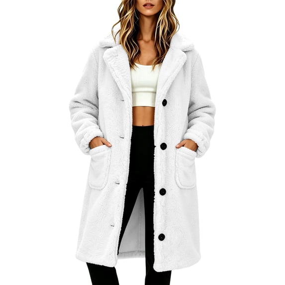 Women's Notched Lapel Teddy Fleece Long Coat Ghalytn Single Breasted Button Front Patch Pockets Loose Fit Winter Outerwear