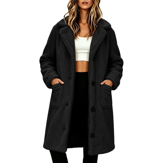 Women's Notched Lapel Teddy Fleece Long Coat Ghalytn Single Breasted Button Front Patch Pockets Loose Fit Winter Outerwear