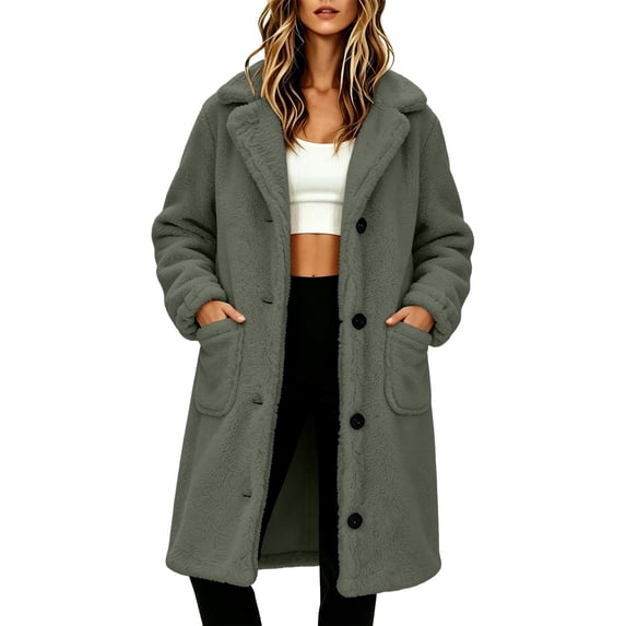 Women's Notched Lapel Teddy Fleece Long Coat Ghalytn Single Breasted Button Front Patch Pockets Loose Fit Winter Outerwear