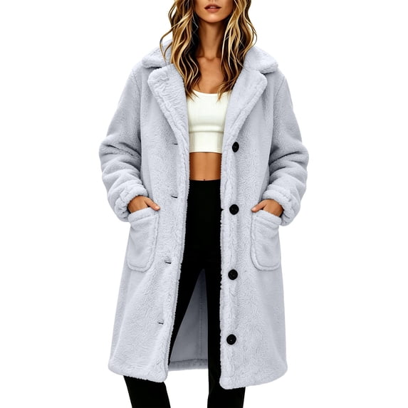 Women's Notched Lapel Teddy Fleece Long Coat Ghalytn Single Breasted Button Front Patch Pockets Loose Fit Winter Outerwear
