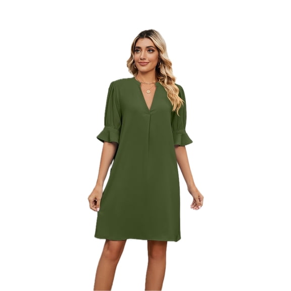Women's Notched Neck Flounce Sleeve Knee Length Dress 100% Polyester Casual Chic Everyday Wear Ideal for Work or Weekend