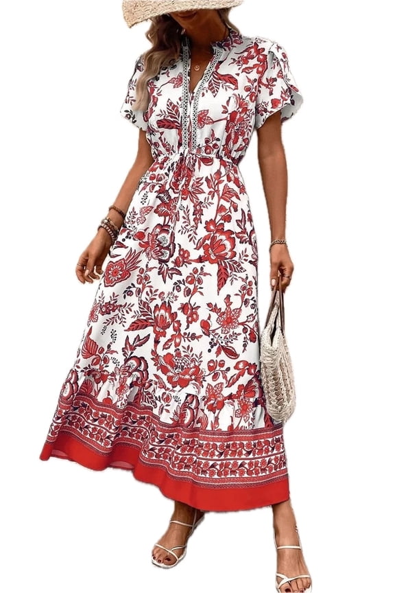 Women's Notched Short Sleeve Dress with Printed Pattern Tied Ruched Details 100% Polyester Easy Care Machine Washable