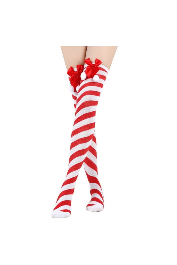 Women's Novelty Christmas Striped Tights Over Knee High Stockings with Cute Bows Christmas Holiday Party Pantyhose