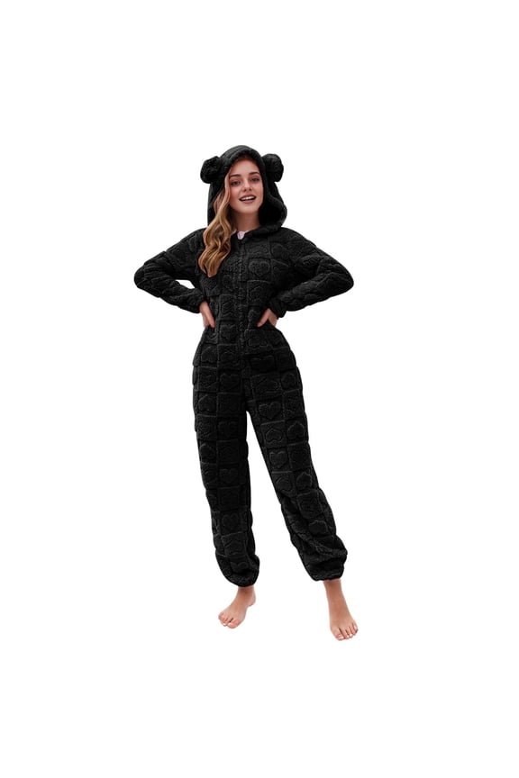 Women's Novelty One-Piece Pajamas New Women's Fashion Solid Color Comfortable Fleece Zipper Hoodie with Ears Jumpsuit Home Clothes Womens Fleece Winter Rompers Sleepwear Black S New