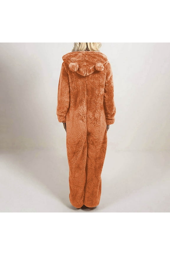 Women's Novelty One-Piece Pajamas New Women Solid Color Long Sleeve Hooded Jumpsuit Pajamas Casual Winter Warm Romper Sleepwear Style B-2 Coffee XXL