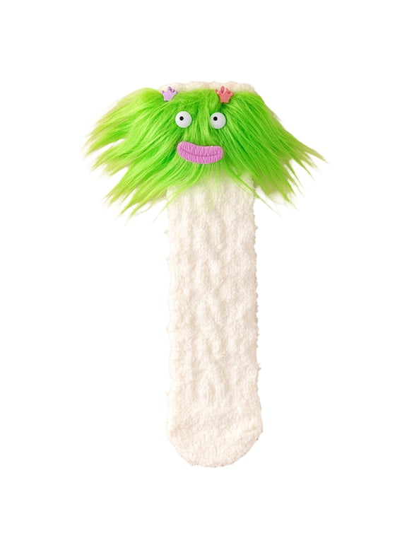 Women's Novelty Troll Mid-Calf Socks, Green Furry Hair & Cute Face Plush Warm Cozy Indoor Floor Sleep Socks(Green)