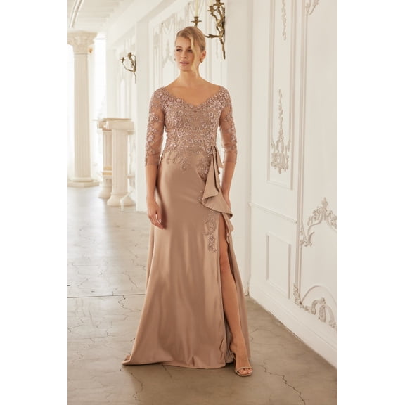 Women's Nox Anabel 3 4 Sleeve Mother Of Groom Dress With Beaded Appliqués Formal Gown Me126 Cappuccino Size 12W