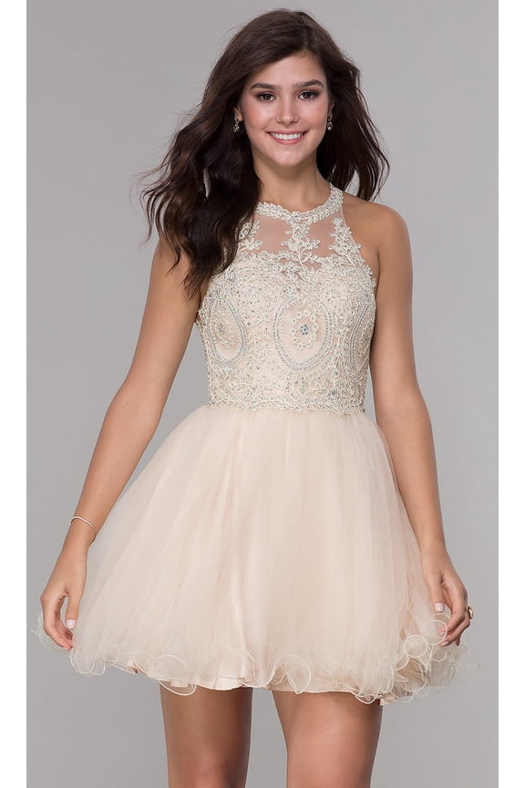 Women's Nox Anabel B652 Chic Short Babydoll Dress With Beading Homecoming Party Champagne Goldish Beige Size Small