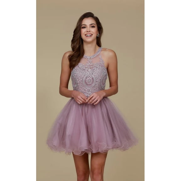 Women's Nox Anabel B652 Chic Short Babydoll Dress With Beading Homecoming Party Light Mauve Size Small