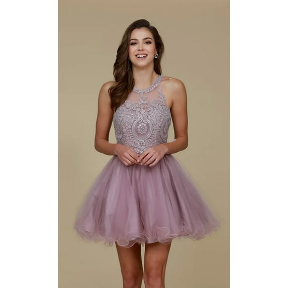 Women's Nox Anabel B652 Chic Short Babydoll Dress With Beading Homecoming Party Light Mauve Size Xlarge