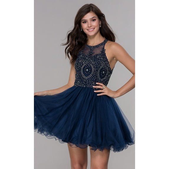 Women's Nox Anabel B652 Chic Short Babydoll Dress With Beading Homecoming Party Navy Blue Size Xlarge