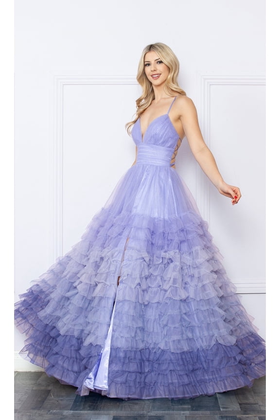 Women's Nox Anabel C1420 Ruffled Ombre Prom 2026 Ball Gown Periwinkle A Soft, Light Shade of Blue Size 14