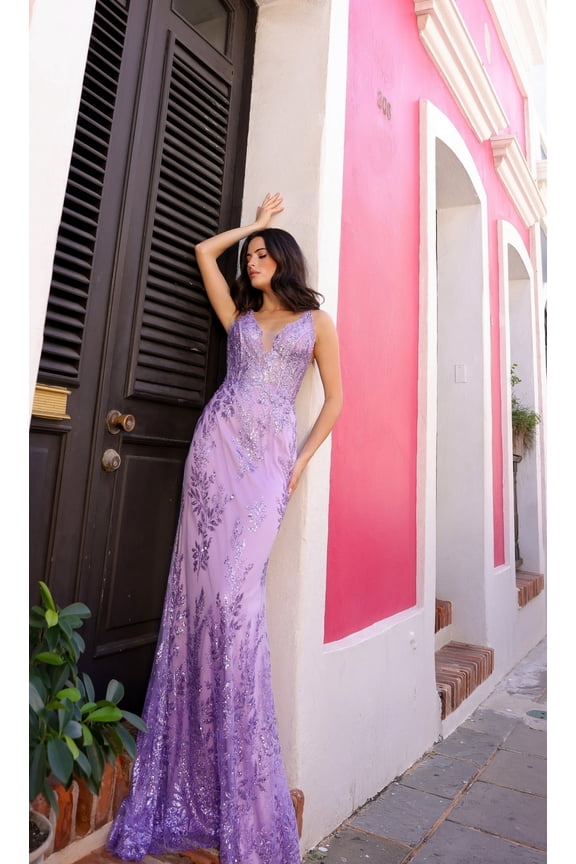 Women's Nox Anabel E1273 Long V Neck Prom 2026 Dress With Glitter Print Summer Lavender Size 6