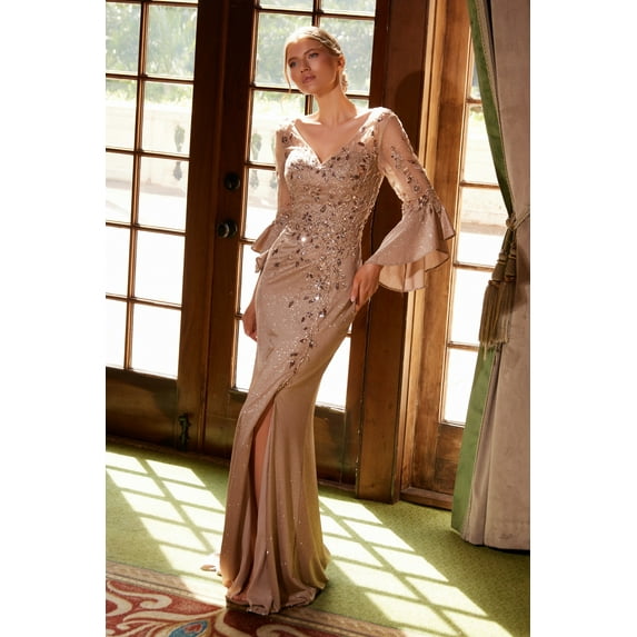 Women's Nox Anabel Elegant Mother of Bride Dress Appliqué Bell Sleeve Slit Evening Gown Mocha A Light Coffee Colored Brown Color Size 14W