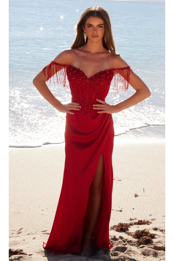 Women's Nox Anabel F1571 Long Prom 2026 Dress Beaded Bodice Formal Gown Red Size 14