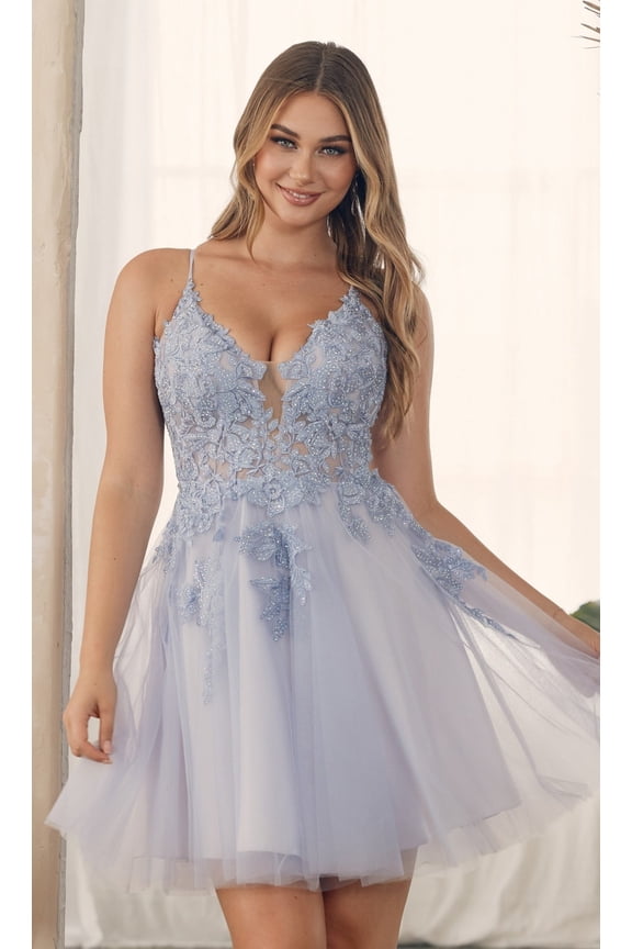 Women's Nox Anabel G785 Short Babydoll Homecoming Party Dress With Lace Bodice Periwinkle A Soft, Light Shade of Blue Size 00