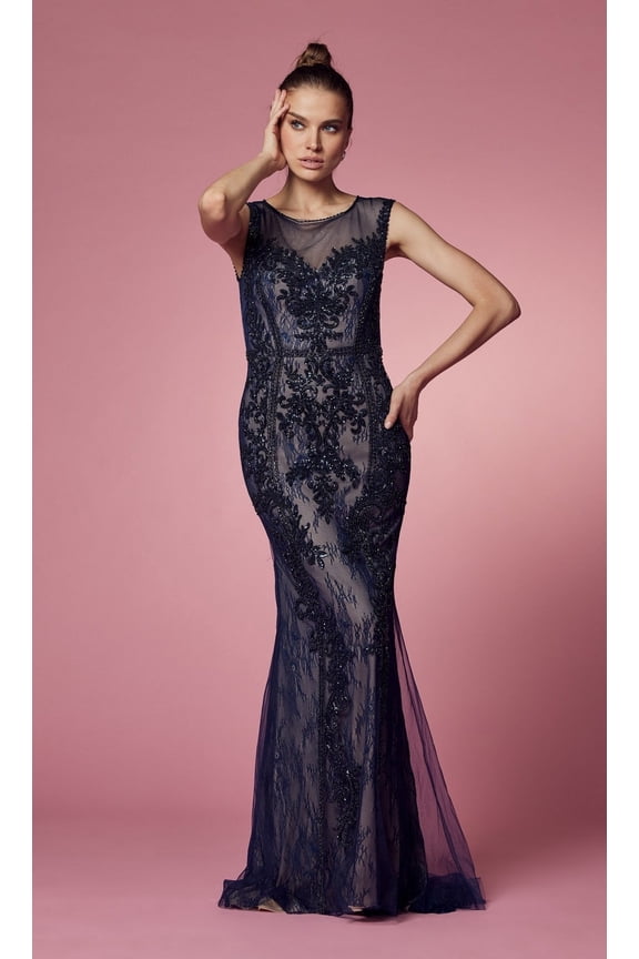 Women's Nox Anabel Illusion Sweetheart Beaded Long Prom 2026 Dress Navy Blue Size 8