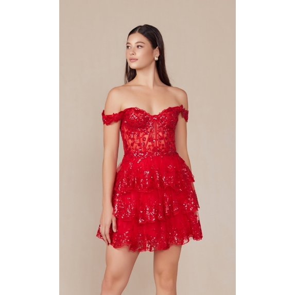 Women's Nox Anabel K856 Sparkling Off Shoulder Sequin Hoco Dress With Ruffled Hem Christmas New Year Holiday Red Size 4 New Year's Eve