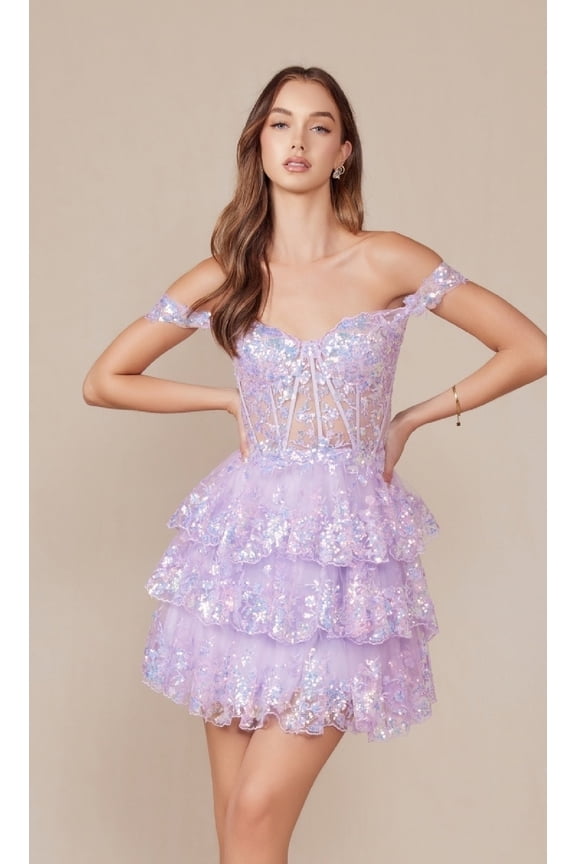 Women's Nox Anabel K856 Sparkling Off Shoulder Sequin Hoco Dress With Ruffled Hem Lilac Lavender Size 10 New Year's Eve