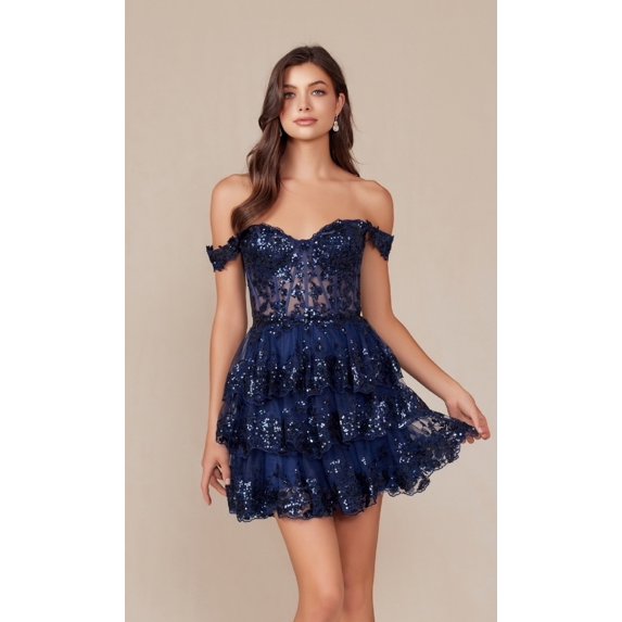 Women's Nox Anabel K856 Sparkling Off Shoulder Sequin Hoco Dress With Ruffled Hem Navy Blue Size 10 New Year's Eve