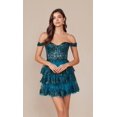 thumbnail image 1 of Women's Nox Anabel K856 Sparkling Off Shoulder Sequin Hoco Dress With Ruffled Hem Teal Size 6 New Year's Eve, 1 of 3
