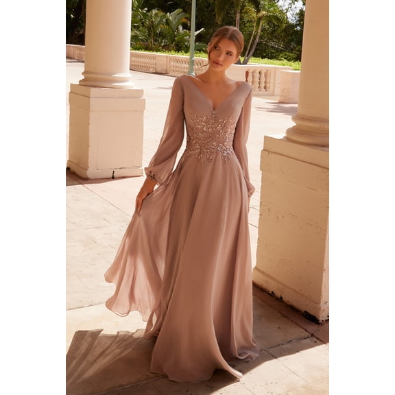 Women's Nox Anabel Me128 Flowing Chiffon Gown With Long Sleeves Cappuccino Size 14W