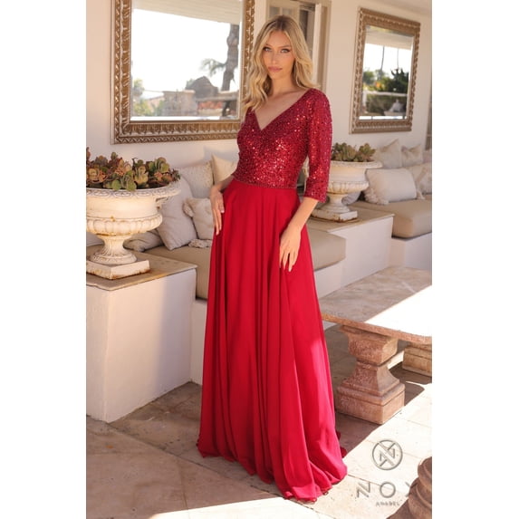 Women's Nox Anabel Mf103 Glamorous Sequin Bodice A-line Gown With 3 4 Sleeves Burgundy Size 16W