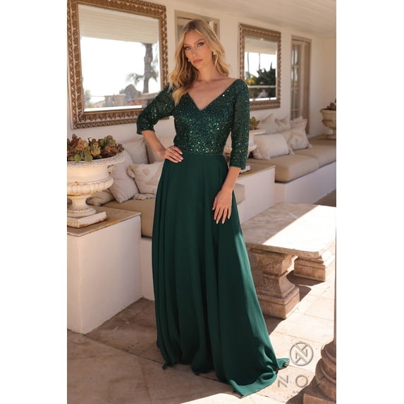 Women's Nox Anabel Mf103 Glamorous Sequin Bodice A-line Gown With 3 4 Sleeves Emerald Green Size 12W