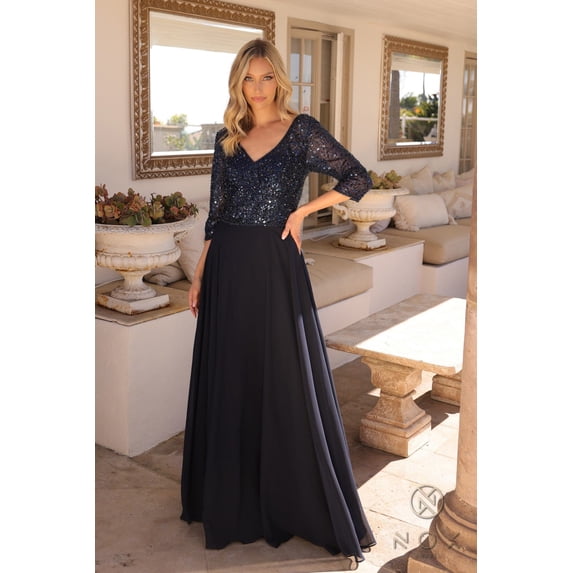 Women's Nox Anabel Mf103 Glamorous Sequin Bodice A-line Gown With 3 4 Sleeves Navy Blue Size 18W