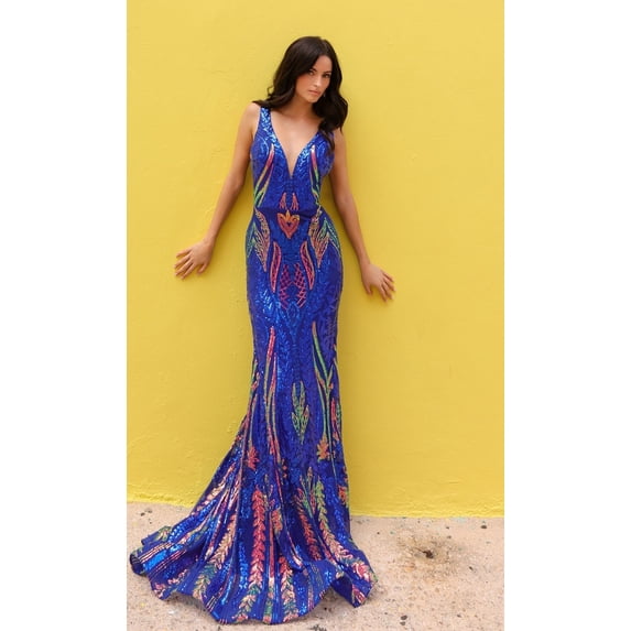 Women's Nox Anabel R1402 Blue Long Sequin Prom 2026 Dress With Sheer Sides Royal Multi Size 12 New Year's Eve