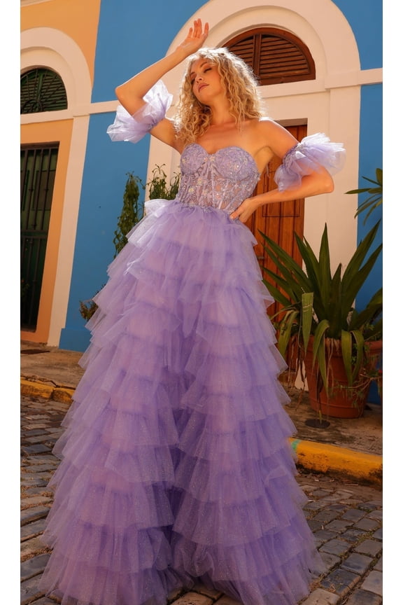 Women's Nox Anabel T1338 Romantic Strapless Ruffle Prom 2026 Dress With Puff Sleeves Periwinkle A Soft, Light Shade of Blue Size 12