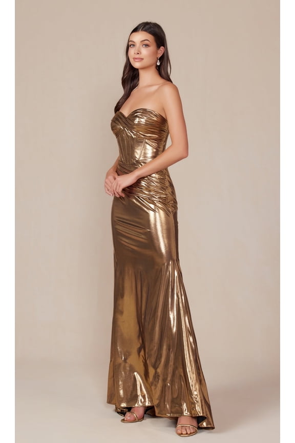 Women's Nox Anabel T1499 Pleated Metallic Long Prom 2026 Dress Gold Size 16