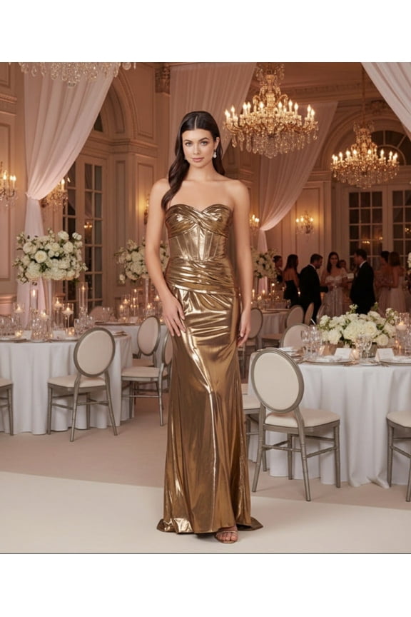 Women's Nox Anabel T1499 Prom 2026 Formal Strapless Metallic Long Sheath Gown Gold Size 10