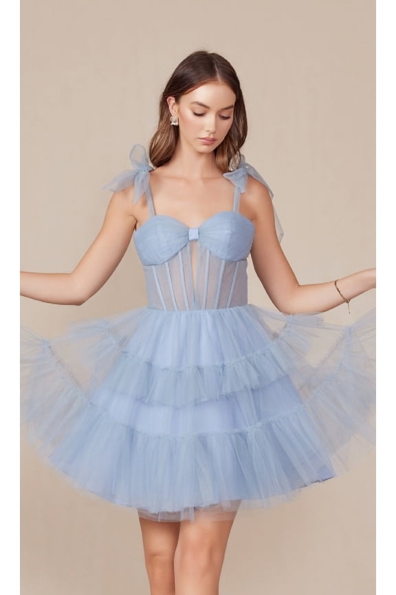 Women's Nox Anabel Y858 Short A-line Hoco Dress With Shoulder Tie & Ruffles Dusty Blue Size 8