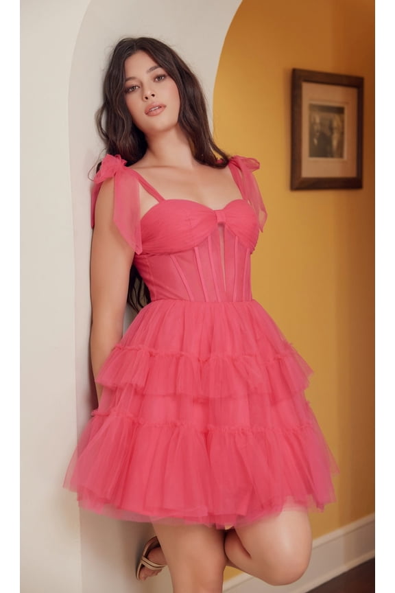 Women's Nox Anabel Y858 Short A-line Hoco Dress With Shoulder Tie & Ruffles Fuchsia Pink Size 8