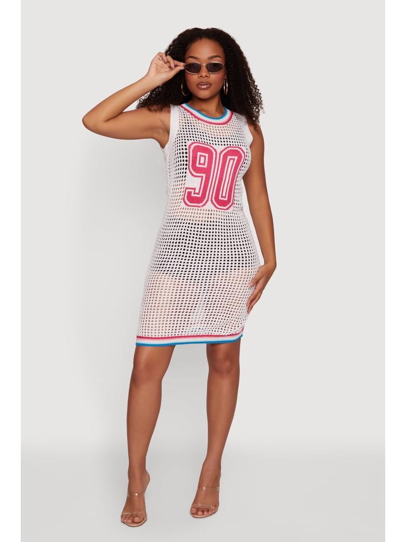 crochet midi dress Women's Number Graphic Rainbow Trim A mini slip lining traditional dress for ladies Size:32H sequin burgundy dresses Short sleeve
