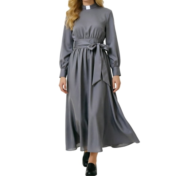 Women's Nun Costume Long Sleeve Clergy Dress Maxi Length with Waist Tie and Collar for Halloween Cosplay Theatrical Roleplay Outfit Religious Habit Dress Up