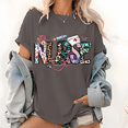 thumbnail image 1 of Women's "Nurse" Colorful & Floral - Accented Graphic Tees featuring Medical Elements Print T - shirts Comfortable Short Sleeve Tops Great For Daily Casual Shirts, 1 of 5