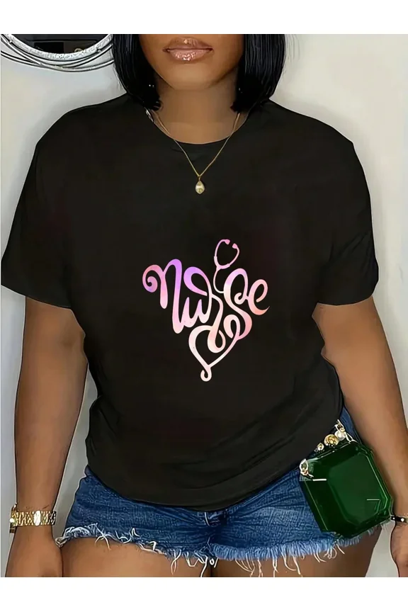 Women's Nurse Graphic T-Shirt Heart Stethoscope Design Short Sleeve Crew Neck Casual Tee